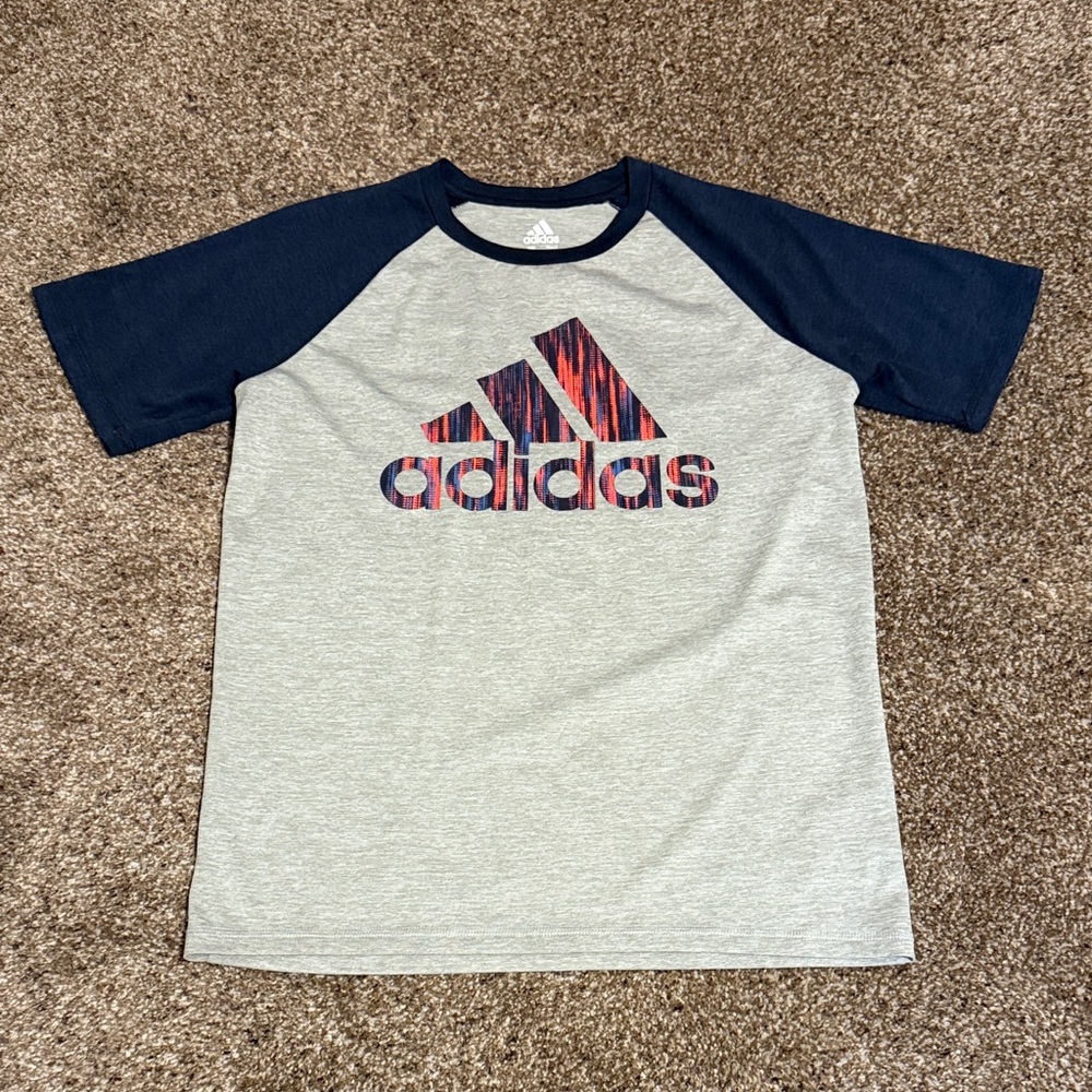 adidas Heather Gray Tee with Navy Raglan Sleeves and Multicolor Logo